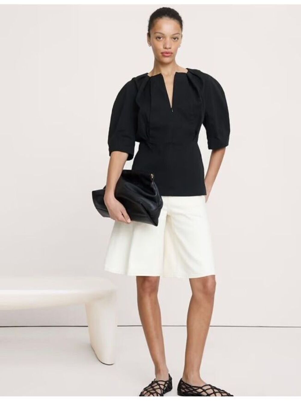 Banana Republic Soft Cotton Zip-Neck Top Black